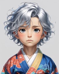 Wall Mural - child male curious wavy silver hair traditional kimono anime style on plain white background