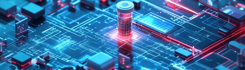 Poster - Red and blue electronic circuit with illuminated red light on top in a technology setting