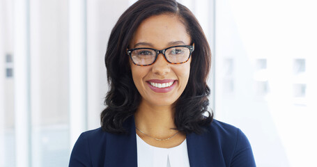 Aufkleber - Happy, glasses and portrait of businesswoman in office with confidence for legal career growth. Smile, pride and female corporate attorney from Mexico with positive attitude for case in workplace.