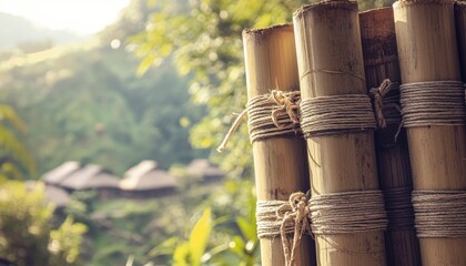 Wall Mural - Bound Bamboo Poles Against Lush Green Background