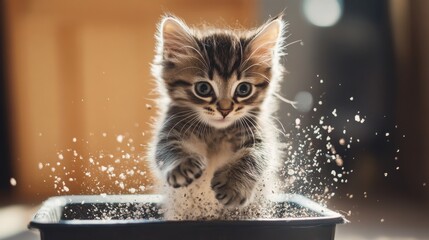 Poster - An adorable image of a kitten playfully kicking litter out of the box, with its fur flying and a playful expression, highlighting the energetic spirit of young cats.