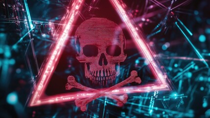 Wall Mural - A digital skull and crossbones inside a warning triangle, symbolizing a cyber threat.