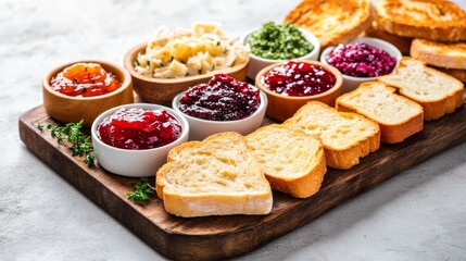 Poster - An appealing view of a variety of toasted bread shapes and textures displayed on a wooden board, surrounded by colorful jams and spreads, inviting taste exploration