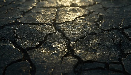 Wall Mural - Dark Cracked Earth Glistens Under Golden Light