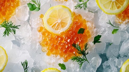 Leinwandbilder - An artistic representation of salmon roe served on a bed of ice, garnished with lemon slices and fresh herbs, highlighting the luxurious side of seafood cuisine