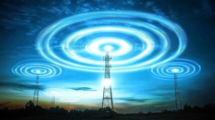 Fototapete - An artistic representation of wireless signals radiating from a cell tower, with a clear blue sky in the background, symbolizing the backbone of wireless communication.
