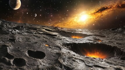Wall Mural - Breathtaking View of Alien Landscape with Fiery Craters and Stars