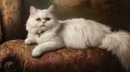 Poster - An elegant white Persian cat wearing a sparkling collar with a small gem, resting on a luxurious cushion, giving a content and relaxed look.