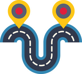 Poster - winding road is connecting two points with location pins, representing the concept of journey and de