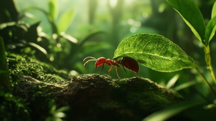Poster - An intriguing shot of a leafcutter ant carrying a piece of leaf, with its tiny body contrasting against the lush green foliage, illustrating the industrious nature of insects.