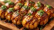 © Plaifah - An inviting image of takoyaki balls arranged on a wooden platter, drizzled with sauces and topped with fresh herbs, creating a delicious and appealing snack display