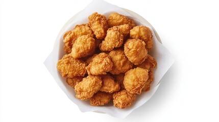 Poster - An overhead view of a basket filled with crispy fried chicken pieces, lined with parchment paper, contrasting beautifully against a bright white background