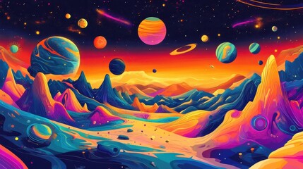 Wall Mural - Vibrant Cosmic Landscape with Colorful Planets and Mountains