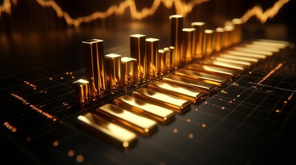 Poster - A D bar chart with gold bars of different heights on a reflective black surface, symbolizing rising gold prices, with bright lighting effects