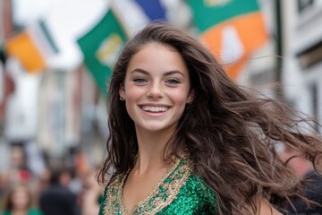 A cheerful young woman in a festive outfit, exuding joy as she dances at an event filled with vibrant decorations, celebrating culture and community spirit in a lively atmosphere.