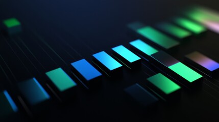 Poster - A D bar graph in cool blues and greens on a dark background with soft lighting from above, creating a sophisticated, data-centric visual