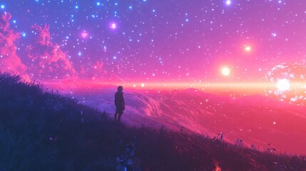 Wall Mural - Enigmatic Landscape Under a Cosmic Sky with Vibrant Colors