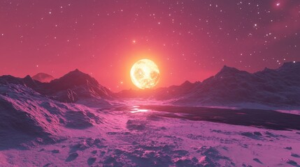 Wall Mural - Celestial Landscape with Bright Star Rising Over Icy Mountains