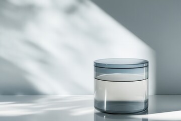 Poster - Clear glass container with water reflecting soft shadows in a minimalist setting