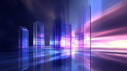 Leinwandbilder - A D bar graph with tall, transparent bars in shades of blue and purple, set on a reflective surface with a soft spotlight effect