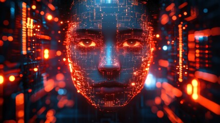 Poster - Close-up of a womans face with advanced futuristic digital interface and holographic elements