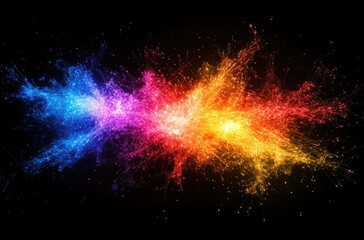 Poster - Vibrant Explosion of Colorful Particles Against a Dark Background, Representing Abstract Energy, Motion, and Creative Dynamic Flow in Digital Artwork