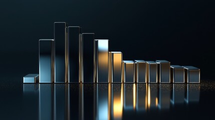 Wall Mural - A D financial bar graph with metallic bars, representing revenue comparison between different companies, placed on a reflective surface with a sleek black background.