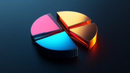 Poster - A D financial pie chart with metallic segments, casting shadows on a dark background, creating a modern, professional data visualization