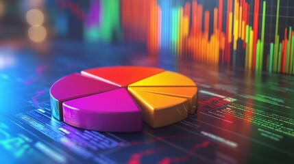 Fototapete - A D financial pie chart with vibrant colors, representing different revenue streams, set against a digital background with stock market graphs in the distance.