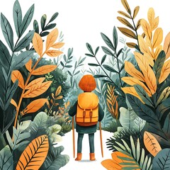 Wall Mural - Adventurous Journey Through Lush Foliage A Watercolor Illustration of a Hiker.