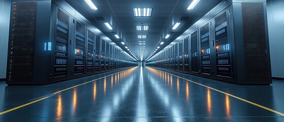 Poster - Long hallway filled with multiple computer servers in a technology data center environment