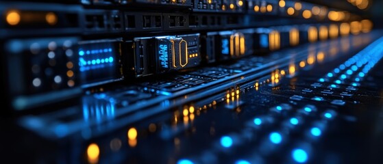 Poster - Row of servers in a data center with led lights and cooling systems for efficient operation