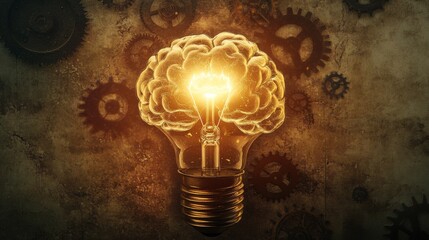 Poster - A brain-shaped light bulb surrounded by gears and cogs, symbolizing ideas and innovation, against a subtle textured background