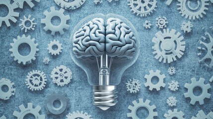 Poster - A brain-shaped light bulb surrounded by gears and cogs, symbolizing ideas and innovation, against a subtle textured background