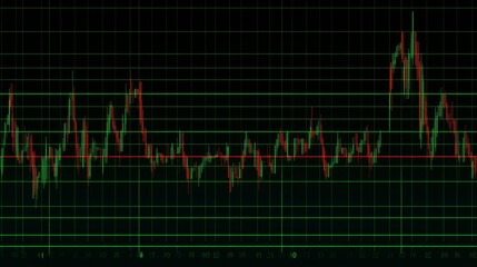 Poster - A candlestick chart with green and red bars on a dark digital grid, showcasing financial market trends with clear, sharp lines and labels