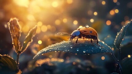 Aufkleber - A captivating image of a beetle climbing on a dewy leaf at dawn, with soft sunlight illuminating the scene, capturing the tranquility of early morning nature.