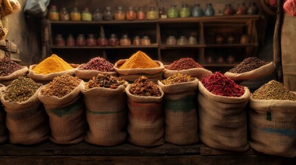 Poster - A captivating image of a spice market with vibrant spices in burlap sacks, emphasizing the key ingredients that make Indian cuisine so flavorful and aromatic.