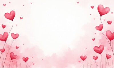 Wall Mural - Festive pastel background with scattering of red hearts of different sizes and arranged in different positions