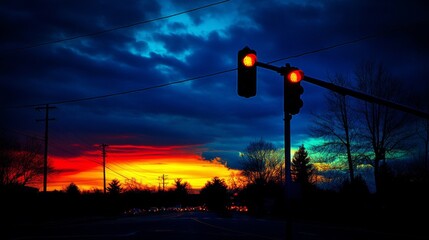 Aufkleber - A captivating view of a traffic light at dusk, glowing brightly against a darkening sky, creating a dramatic effect in the urban landscape