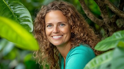 Aufkleber - A cheerful woman with curly hair surrounded by greenery, showcasing her vibrant personality and connection to nature in a sunny outdoor setting