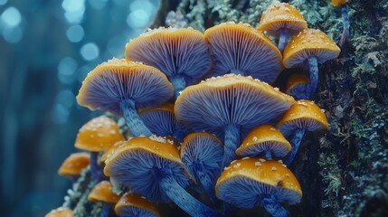 Poster - Lush yellow mushrooms thrive in rich forest soil, their vibrant caps creating a stunning contrast against the muted blues and greens of nature. This magical display captures the essence of autumn