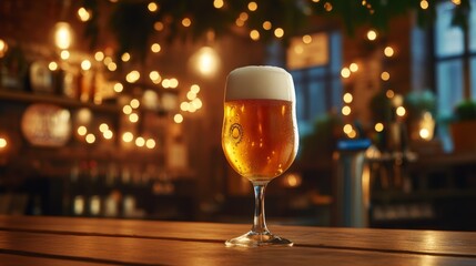 Poster - A chilled beer glass filled with pale ale, set against a backdrop of a wooden bar and soft-focus lights, creating a warm and inviting atmosphere