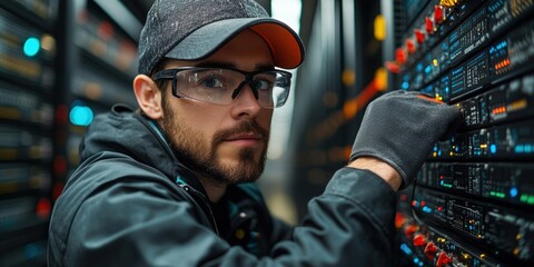 Poster - Man wearing hat and glasses working on a laptop at a desk with focused expression
