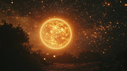 Wall Mural - bright celestial sun in starry night sky over dark landscape