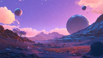 Wall Mural - Stunning Cosmic Landscape with Planets and Mountains at Dusk