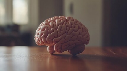 Poster - A close-up of a human brain model on a wooden desk, illuminated by soft natural light, highlighting the intricate folds and details of its surface