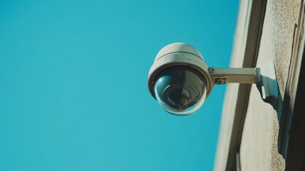 Poster - A close-up of a modern CCTV camera mounted on a building exterior, with a clear blue sky in the background, showcasing the technology used for security surveillance.