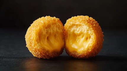 Poster - A close-up of a single, golden cheese ball cut in half, revealing its melted cheese interior, set on a dark background to emphasize its rich texture and flavor