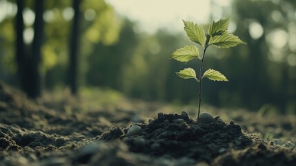 Poster - A close-up of a tree sapling with fresh green leaves being planted in the ground, with rich soil and small stones, representing new beginnings in nature