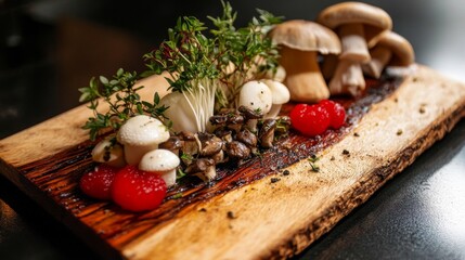 Poster - A close-up of a vibrant assortment of fresh mushrooms, including shiitake, oyster, and button mushrooms, artfully arranged on a wooden cutting board with herbs.